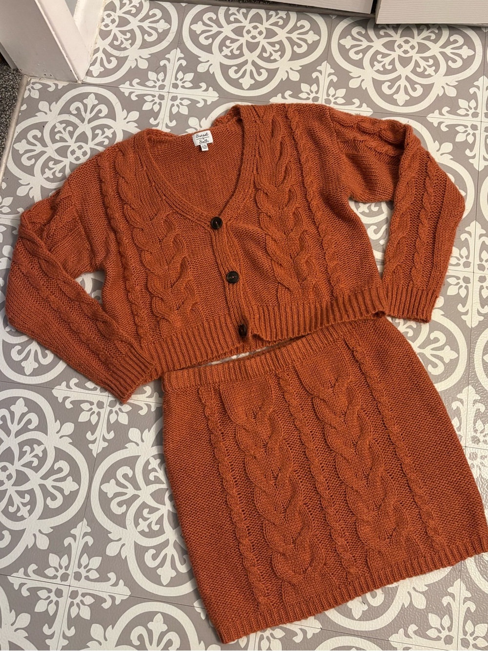 Rust Orange Cable Knit Two-Piece Set - Cardigan & Skirt